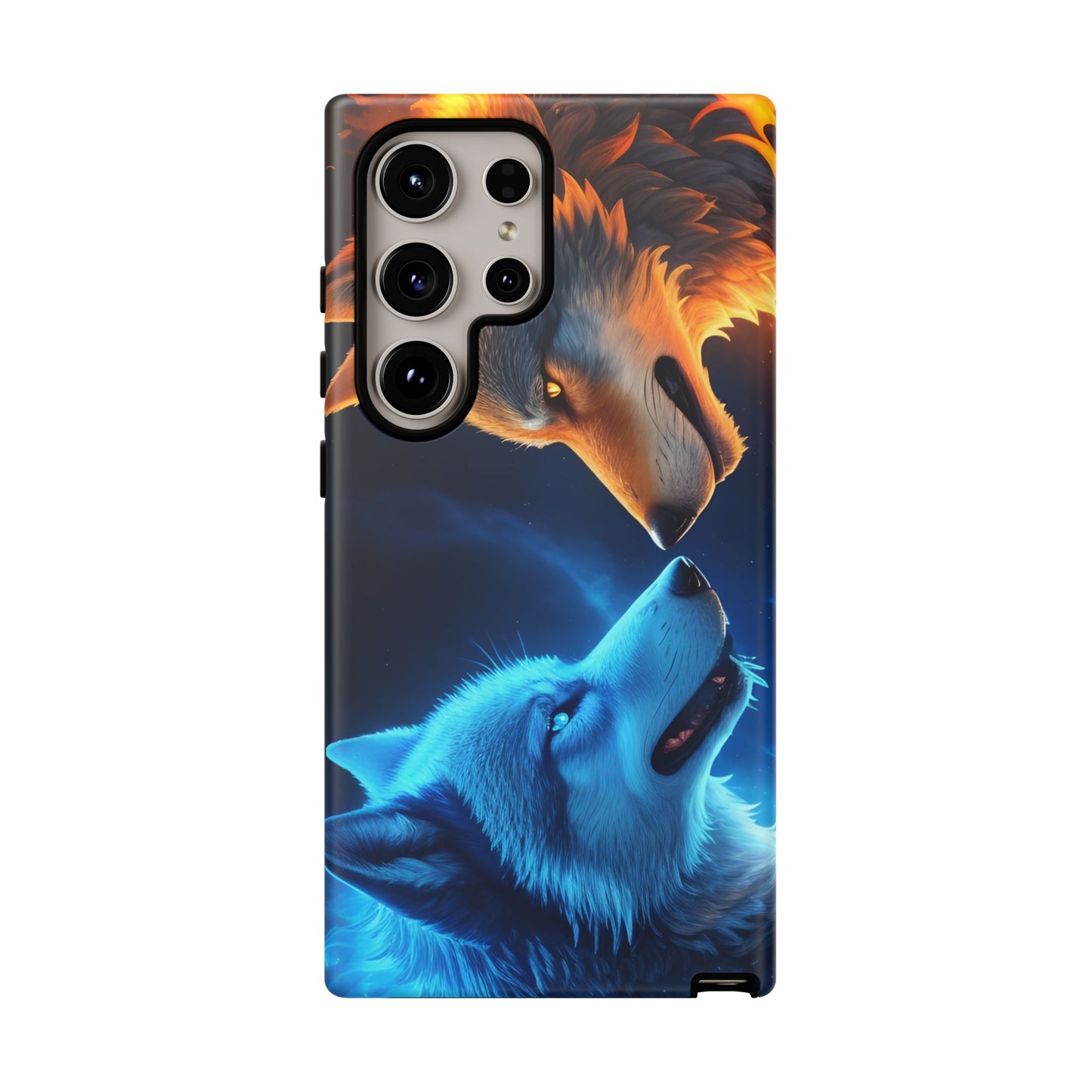 Fire Wolf and Ice Wolf Tough Phone Case – Dual Element Wolf Design, Protective Cover for Animal Lovers