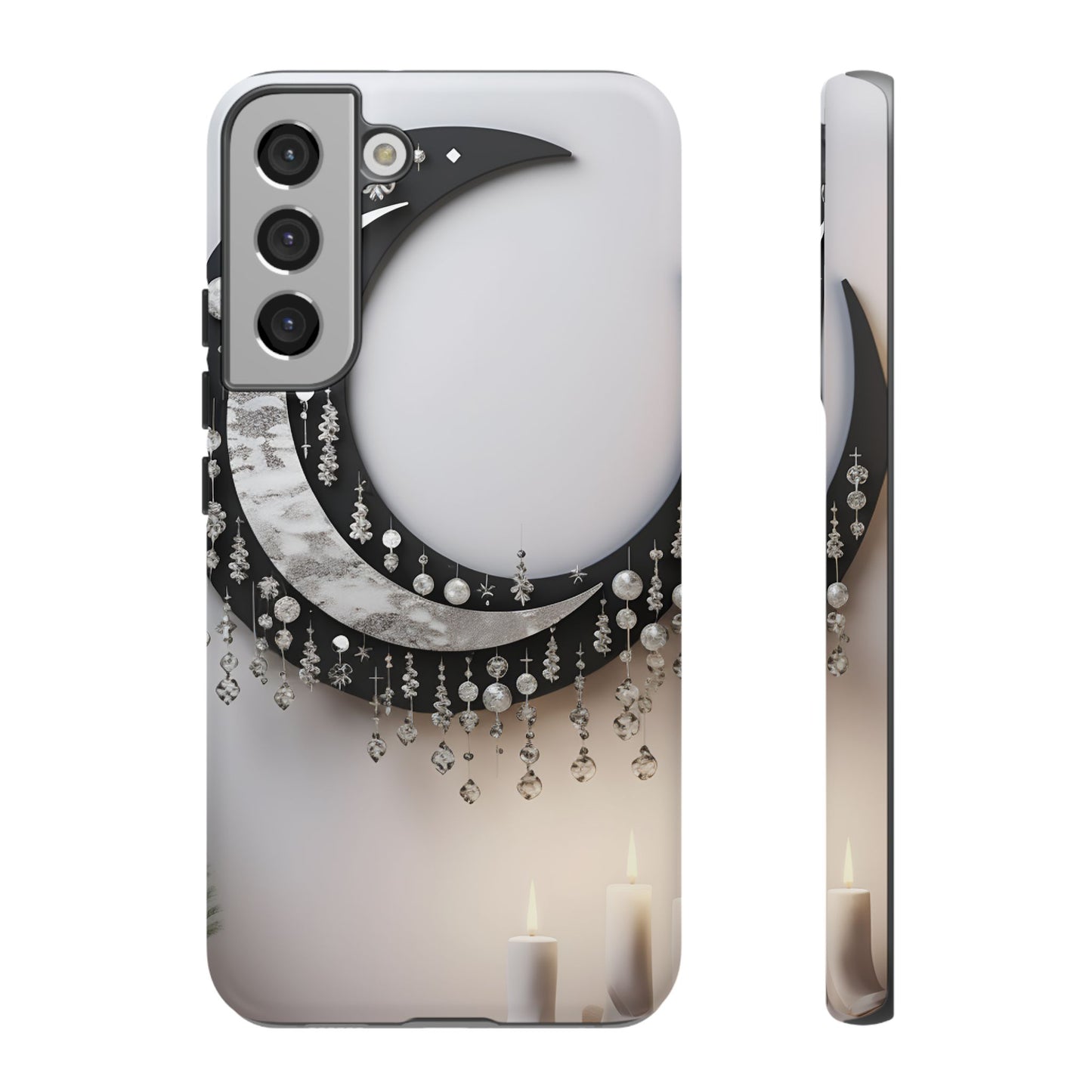 Christmas Crescent Phone Case – Diamond Hanging & Candle Art, Festive Holiday Design Protective Cover