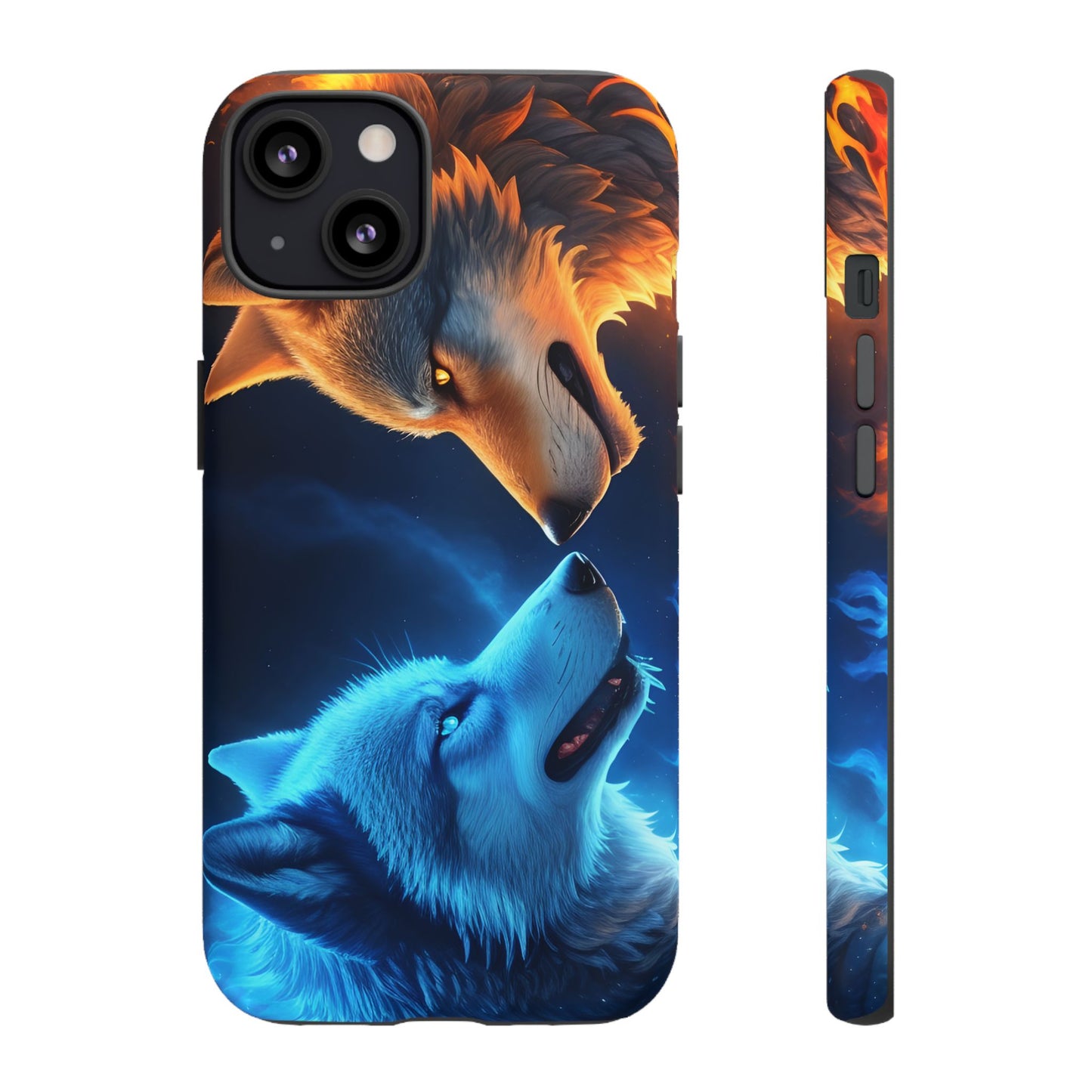 Fire Wolf and Ice Wolf Tough Phone Case – Dual Element Wolf Design, Protective Cover for Animal Lovers