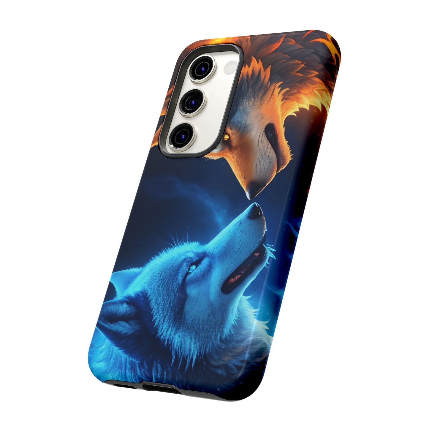 Fire Wolf and Ice Wolf Tough Phone Case – Dual Element Wolf Design, Protective Cover for Animal Lovers