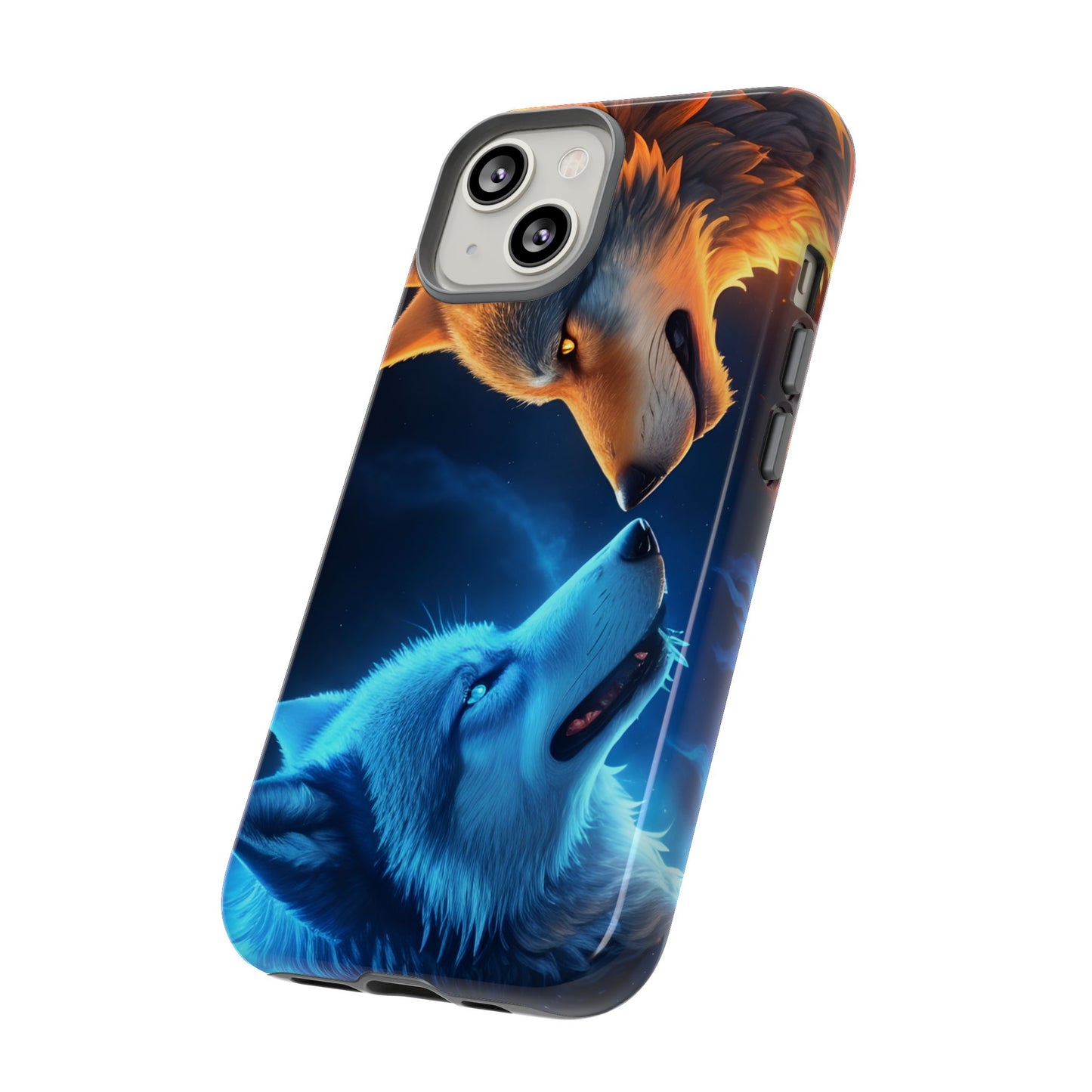 Fire Wolf and Ice Wolf Tough Phone Case – Dual Element Wolf Design, Protective Cover for Animal Lovers