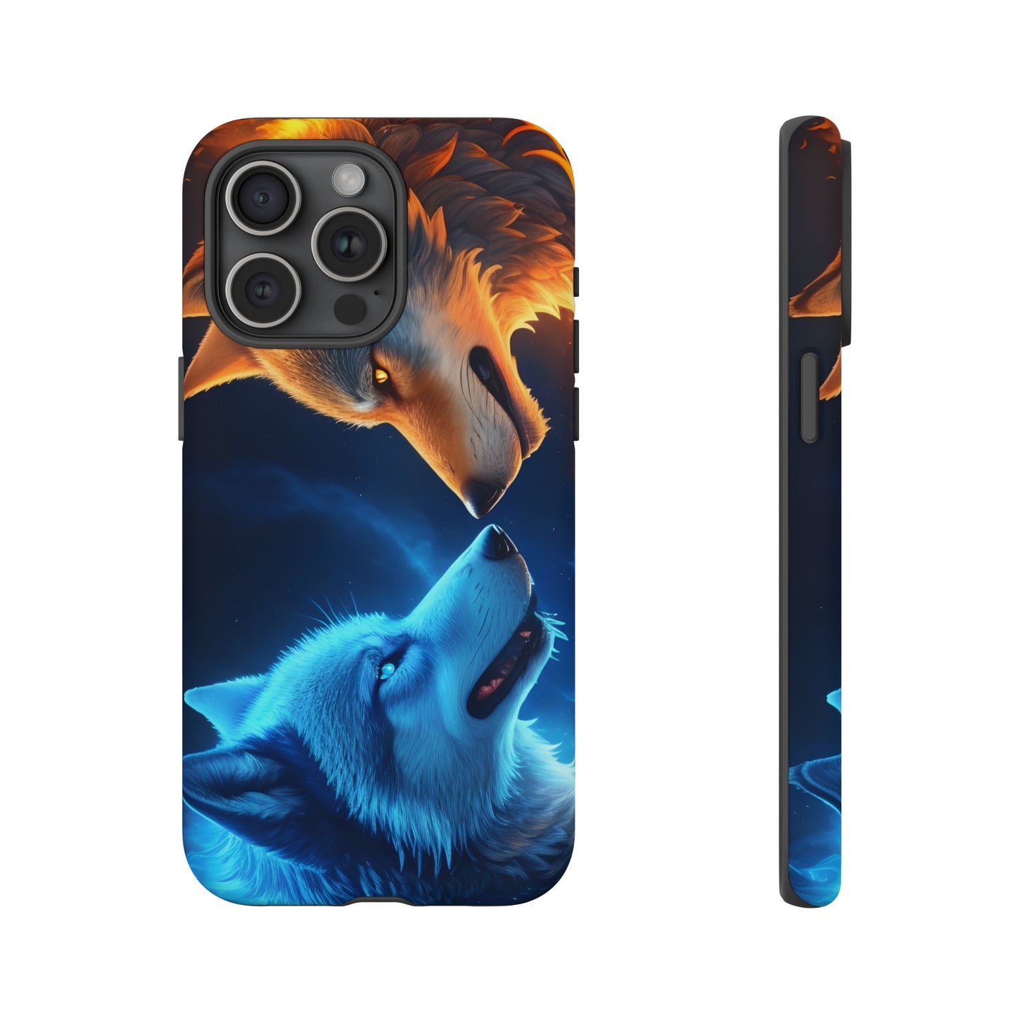 Fire Wolf and Ice Wolf Tough Phone Case – Dual Element Wolf Design, Protective Cover for Animal Lovers