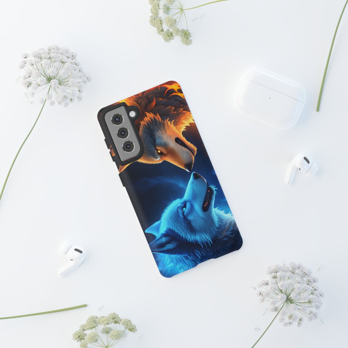 Fire Wolf and Ice Wolf Tough Phone Case – Dual Element Wolf Design, Protective Cover for Animal Lovers