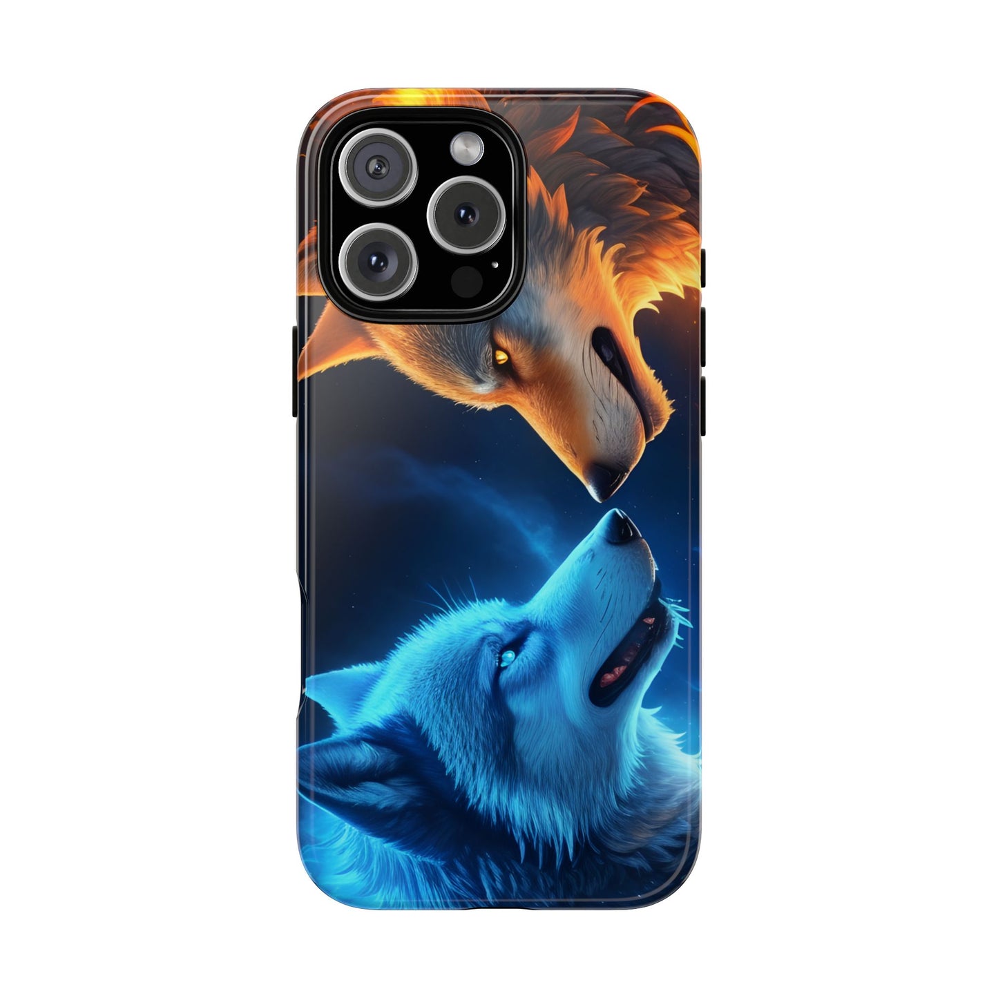 Fire Wolf and Ice Wolf Tough Phone Case – Dual Element Wolf Design, Protective Cover for Animal Lovers