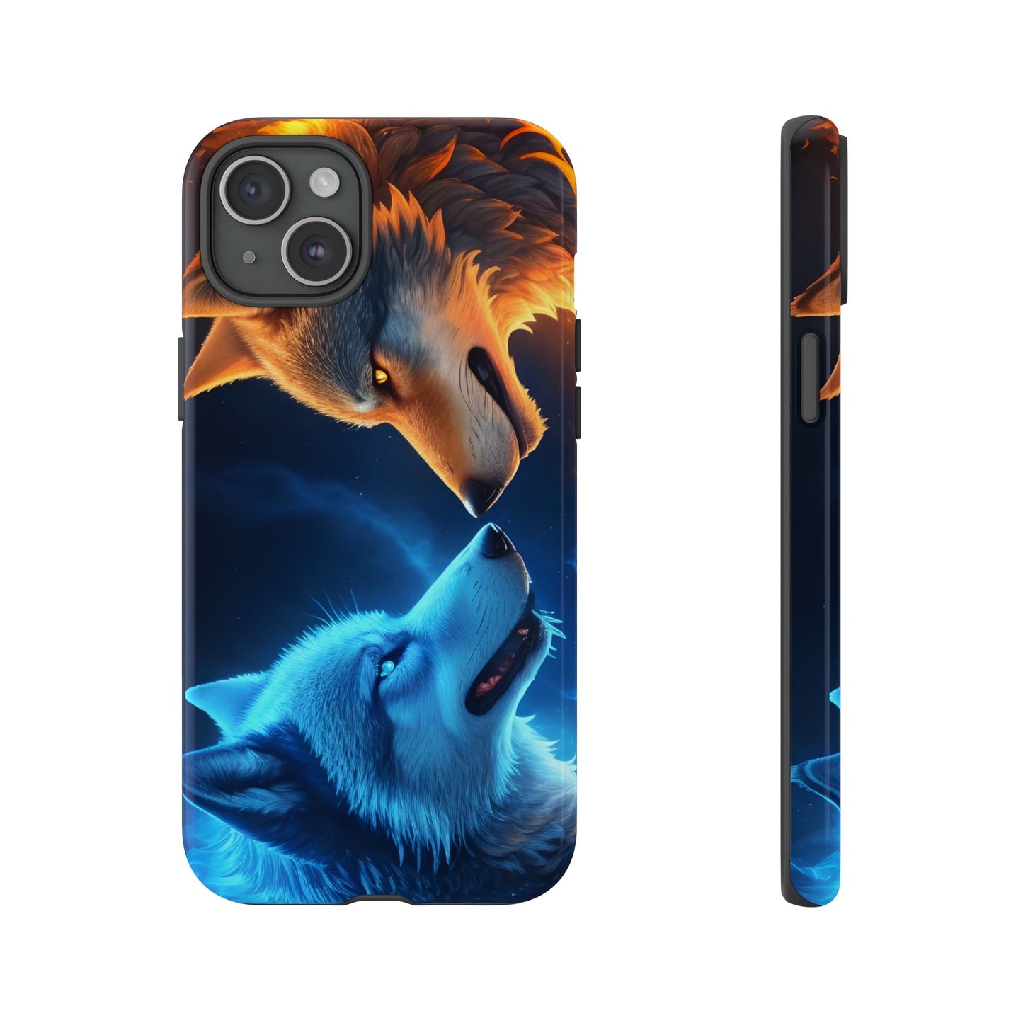 Fire Wolf and Ice Wolf Tough Phone Case – Dual Element Wolf Design, Protective Cover for Animal Lovers