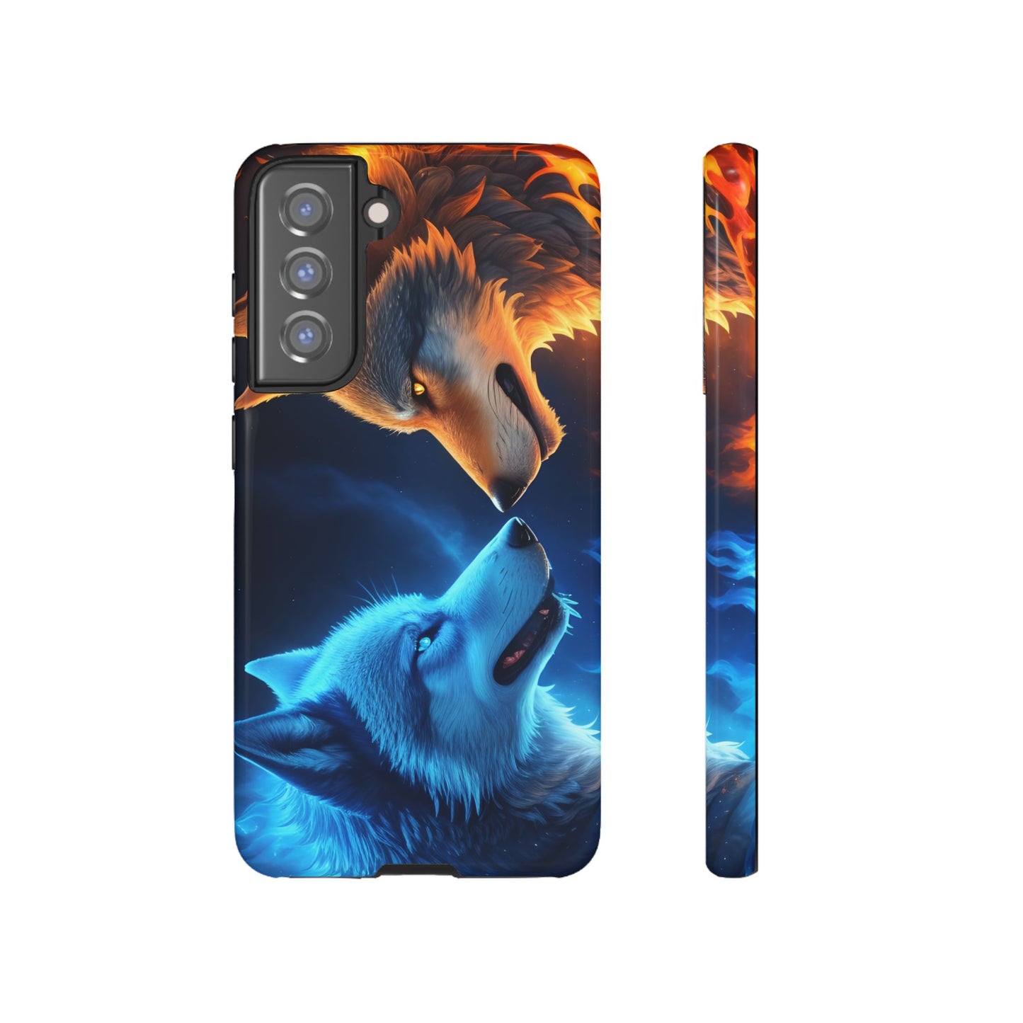 Fire Wolf and Ice Wolf Tough Phone Case – Dual Element Wolf Design, Protective Cover for Animal Lovers