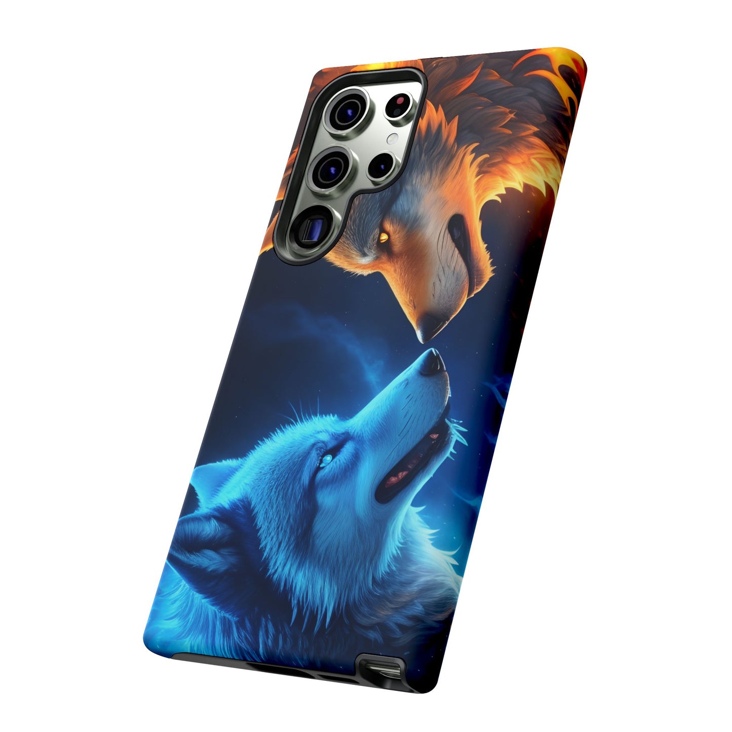 Fire Wolf and Ice Wolf Tough Phone Case – Dual Element Wolf Design, Protective Cover for Animal Lovers