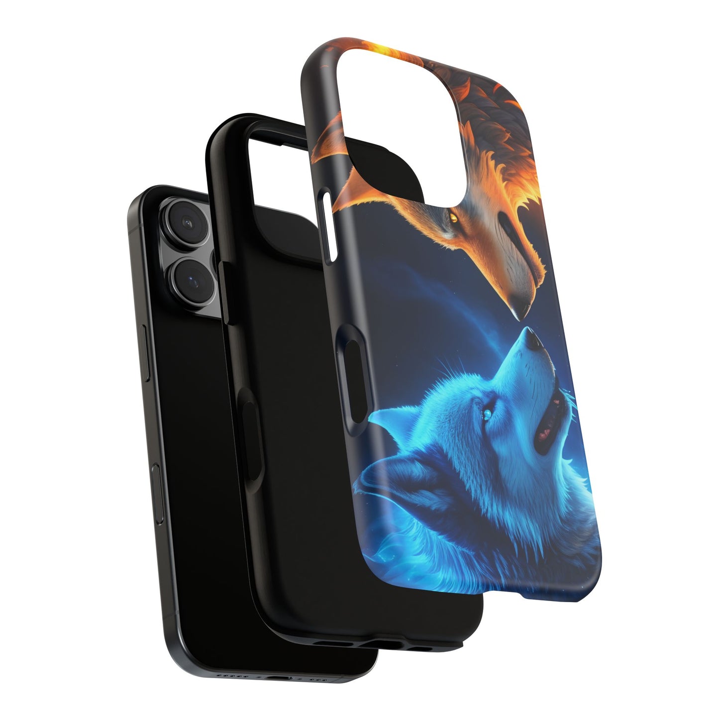 Fire Wolf and Ice Wolf Tough Phone Case – Dual Element Wolf Design, Protective Cover for Animal Lovers