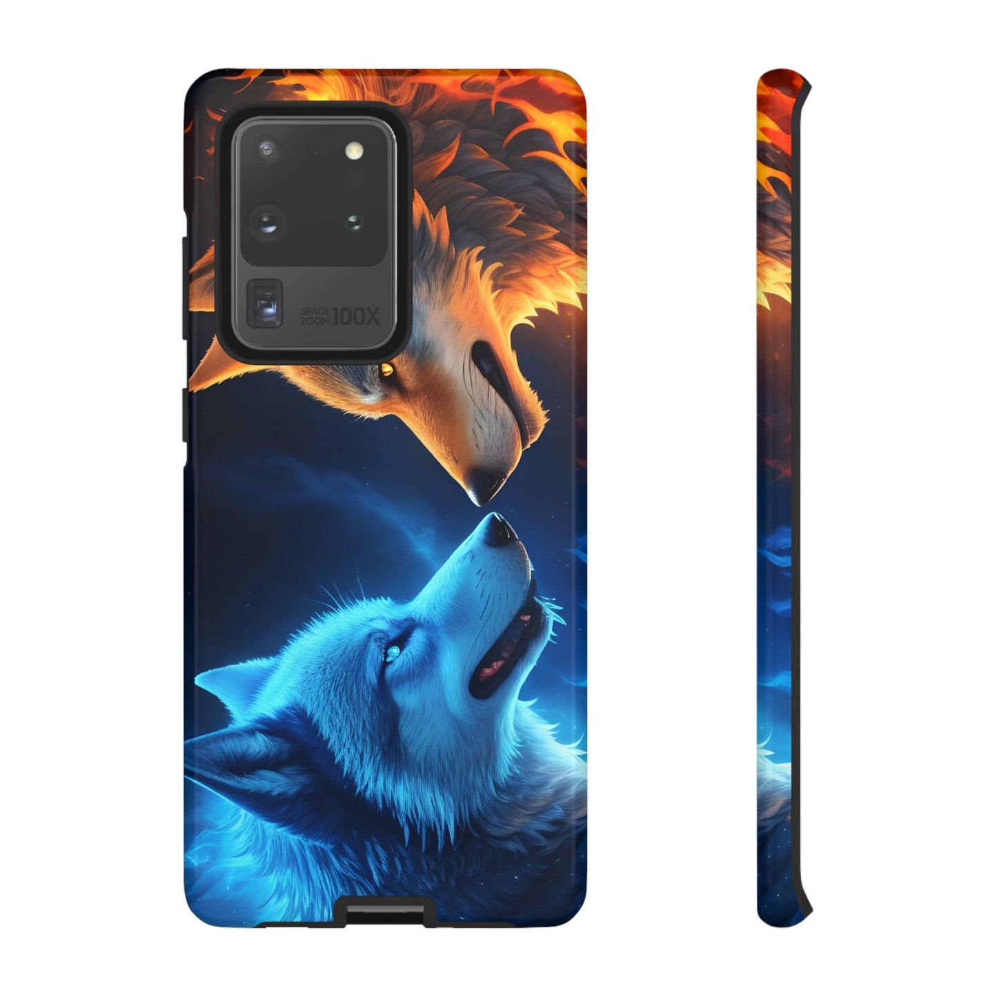 Fire Wolf and Ice Wolf Tough Phone Case – Dual Element Wolf Design, Protective Cover for Animal Lovers