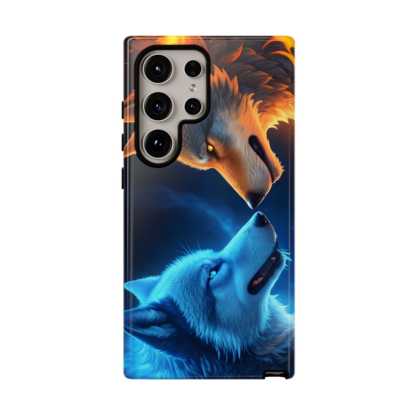 Fire Wolf and Ice Wolf Tough Phone Case – Dual Element Wolf Design, Protective Cover for Animal Lovers