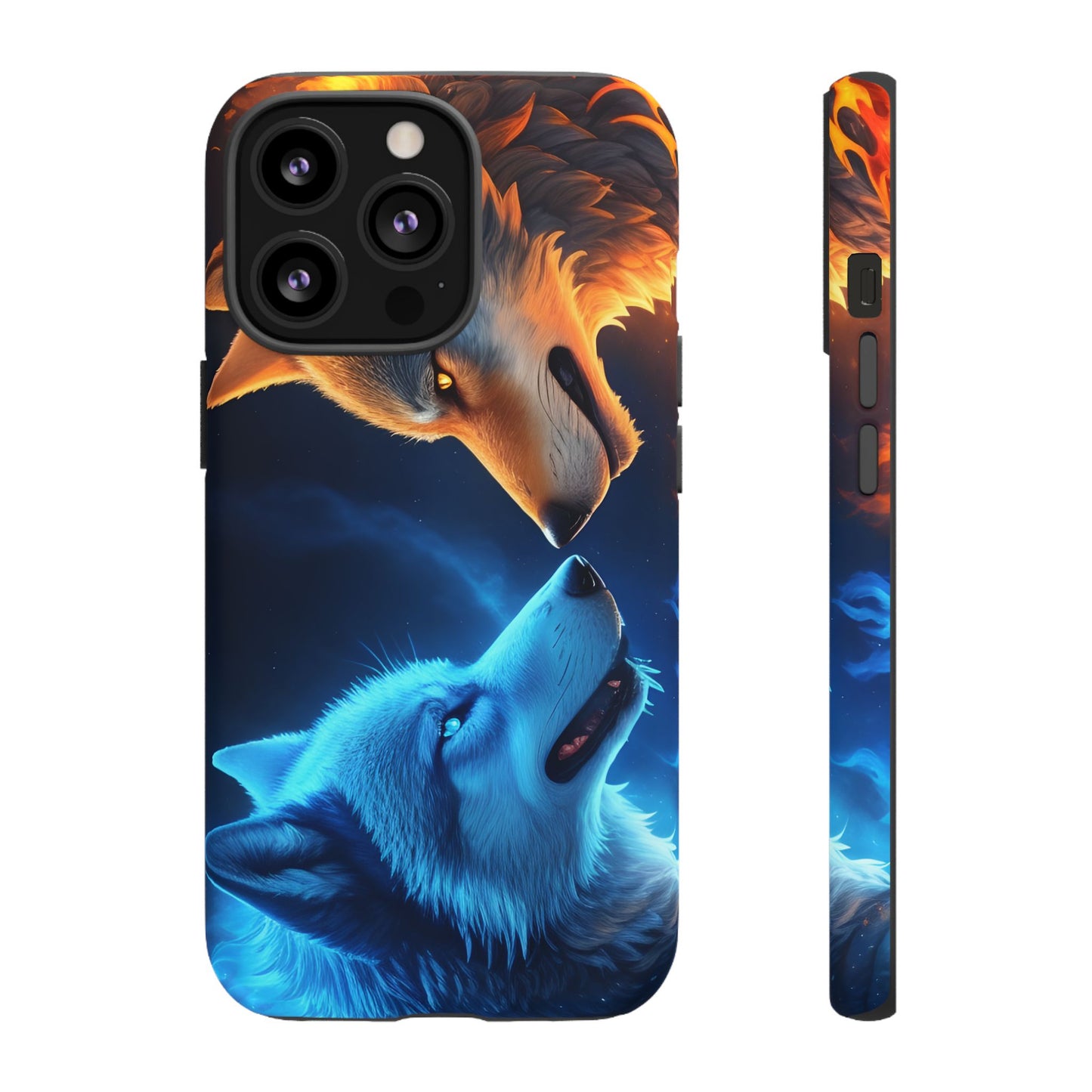 Fire Wolf and Ice Wolf Tough Phone Case – Dual Element Wolf Design, Protective Cover for Animal Lovers