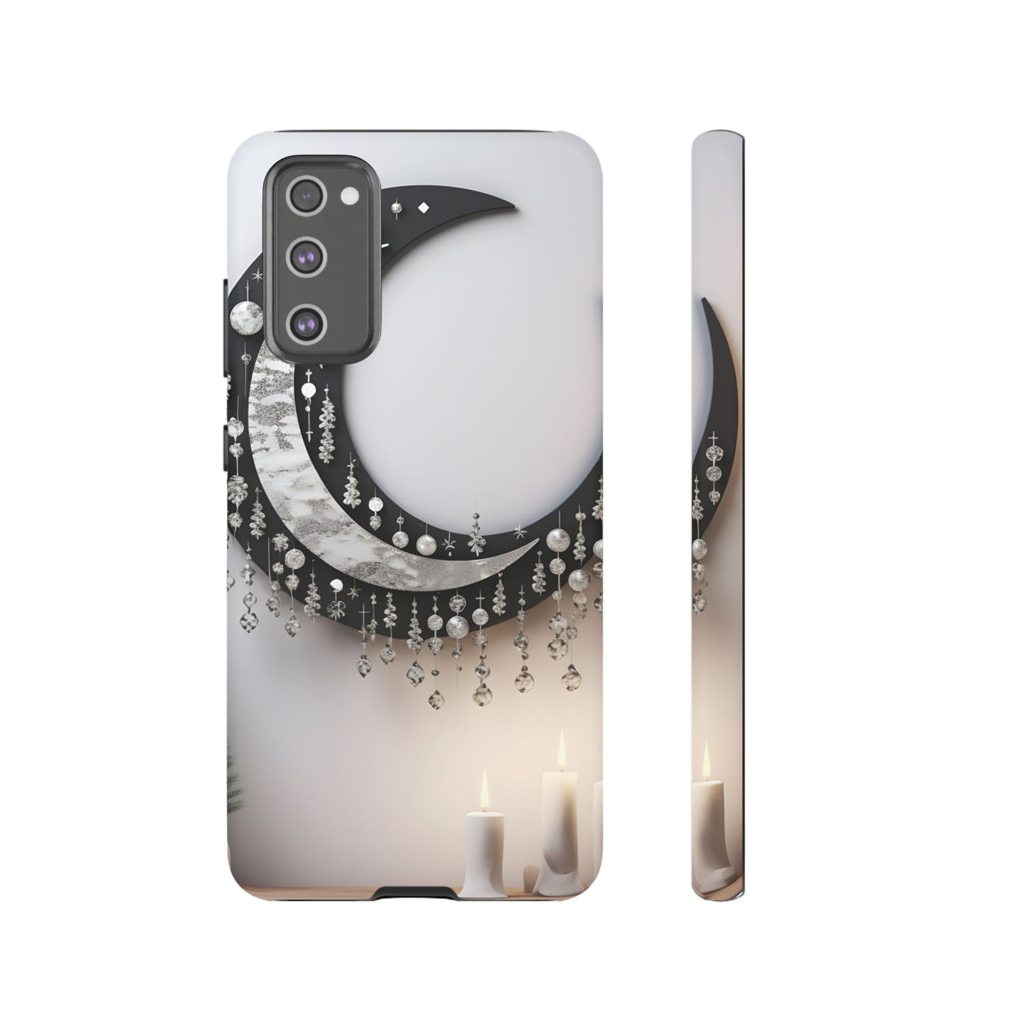 Christmas Crescent Phone Case – Diamond Hanging & Candle Art, Festive Holiday Design Protective Cover