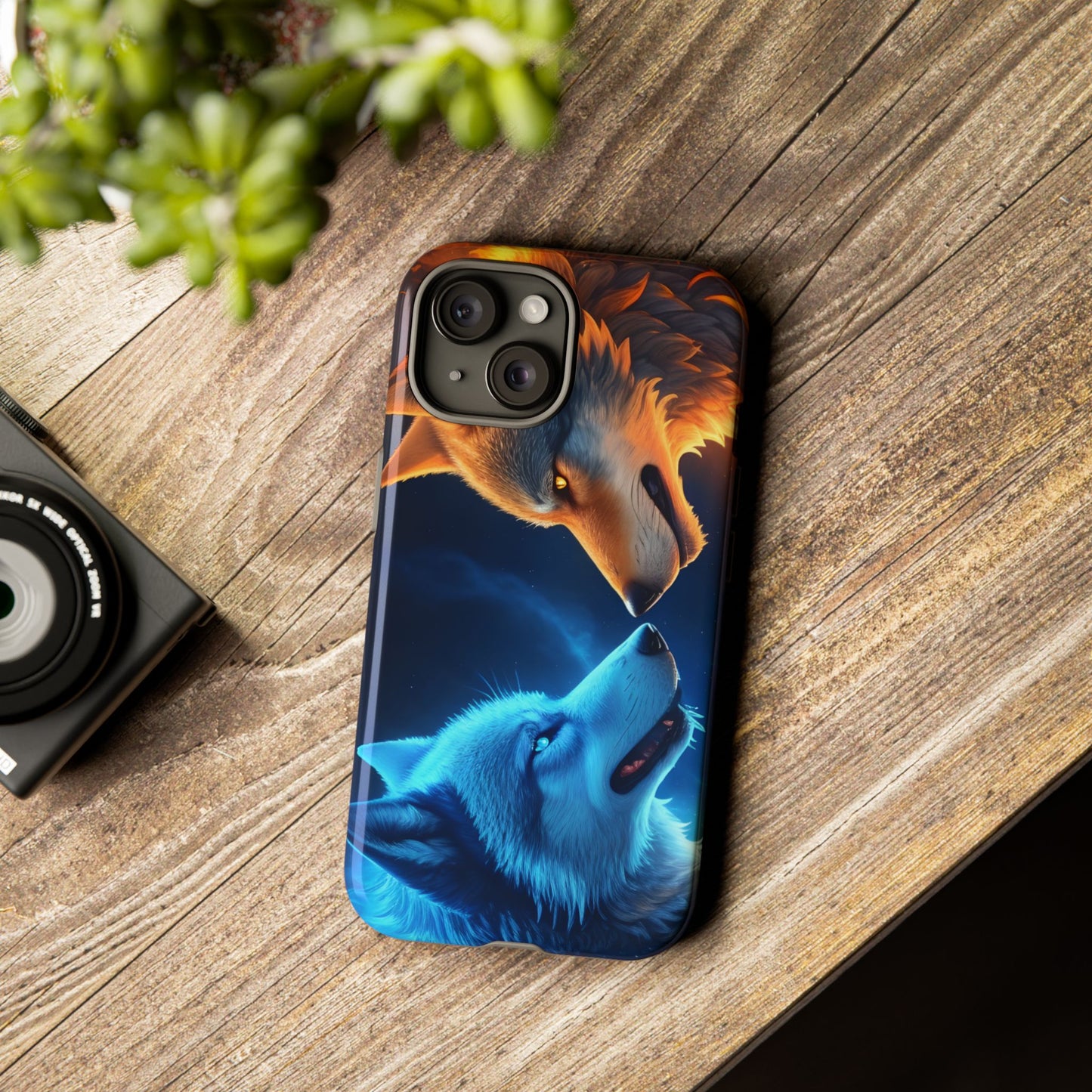 Fire Wolf and Ice Wolf Tough Phone Case – Dual Element Wolf Design, Protective Cover for Animal Lovers