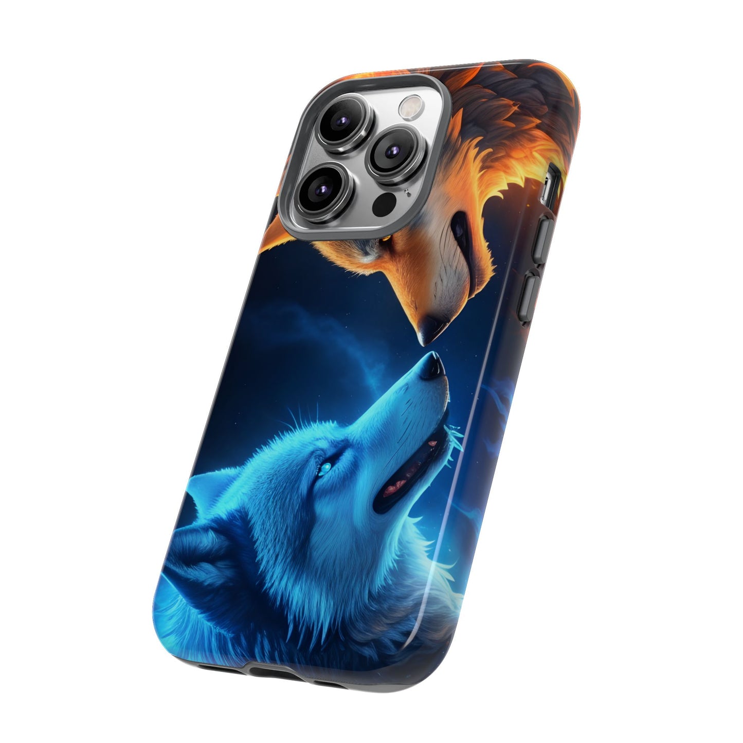 Fire Wolf and Ice Wolf Tough Phone Case – Dual Element Wolf Design, Protective Cover for Animal Lovers