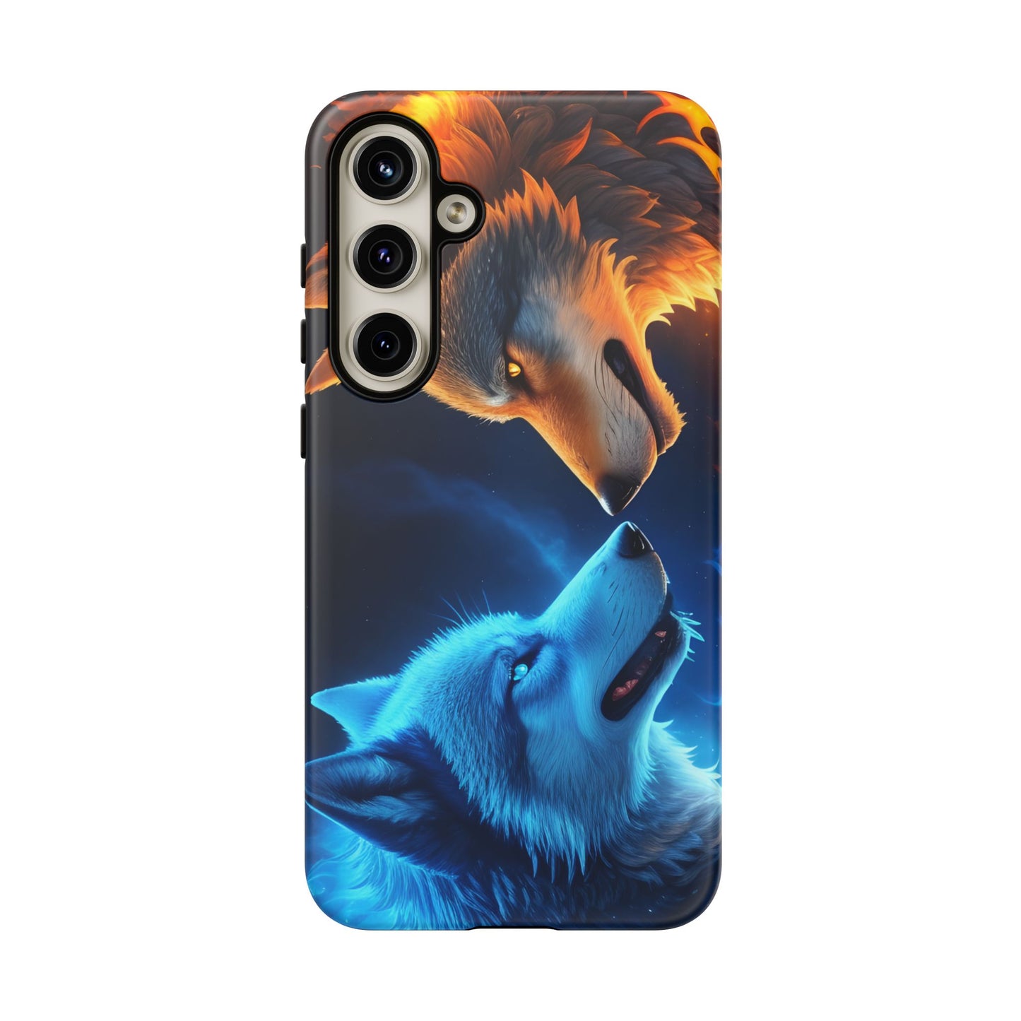 Fire Wolf and Ice Wolf Tough Phone Case – Dual Element Wolf Design, Protective Cover for Animal Lovers