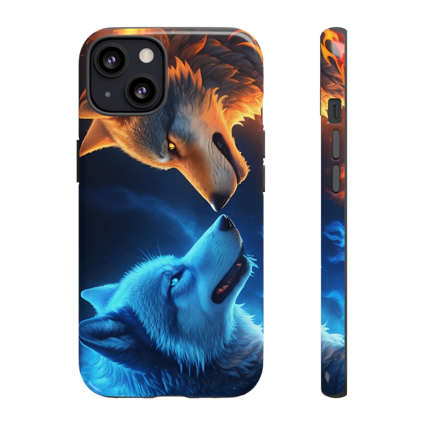 Fire Wolf and Ice Wolf Tough Phone Case – Dual Element Wolf Design, Protective Cover for Animal Lovers