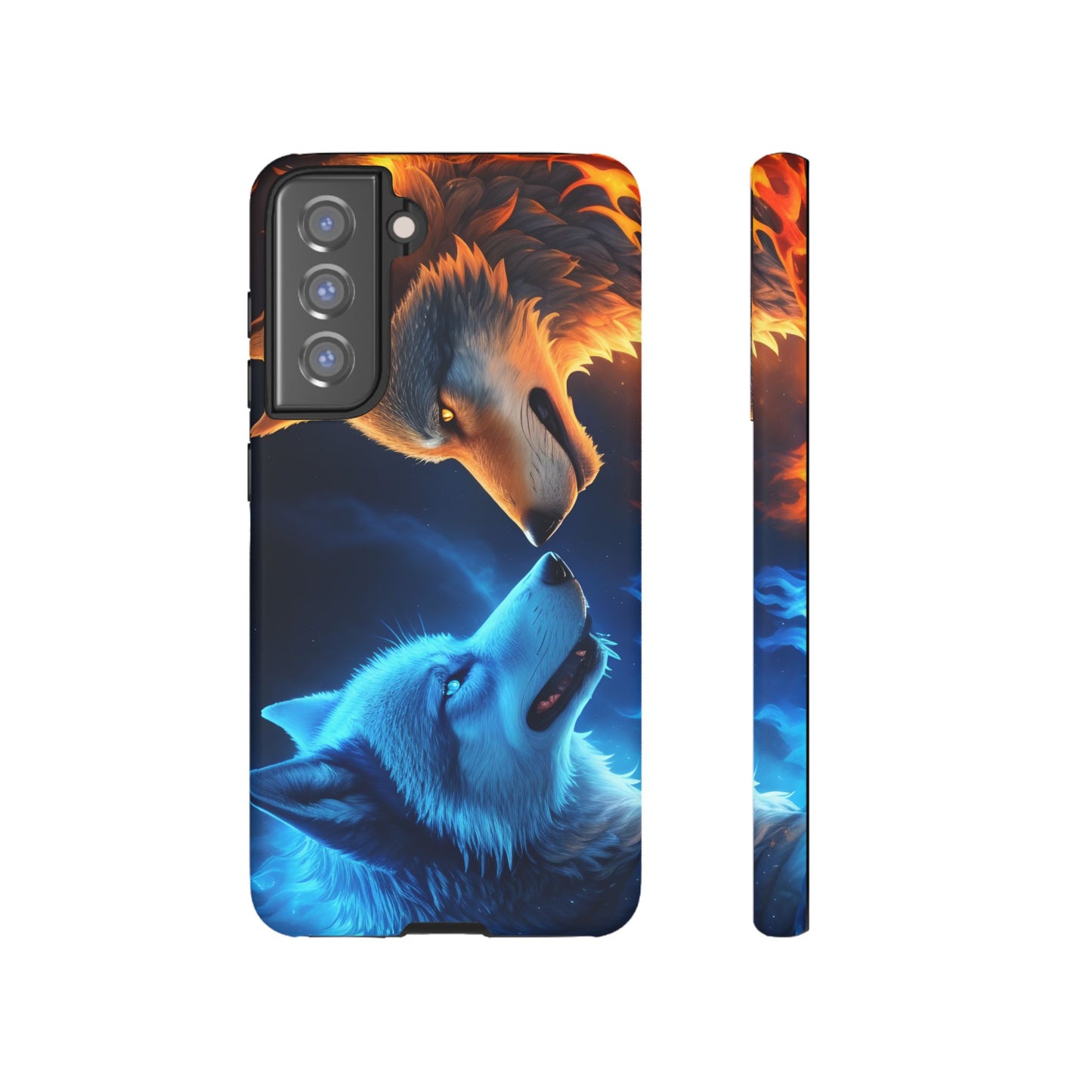 Fire Wolf and Ice Wolf Tough Phone Case – Dual Element Wolf Design, Protective Cover for Animal Lovers